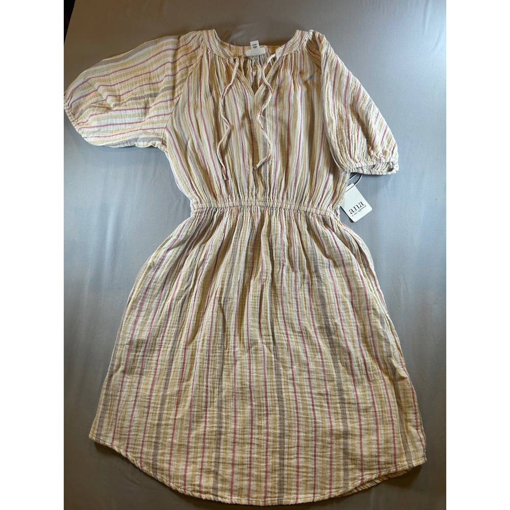ANA A New Approach Striped Cotton Gauze Dress Short Sleeve Pink Yellow Small NWT